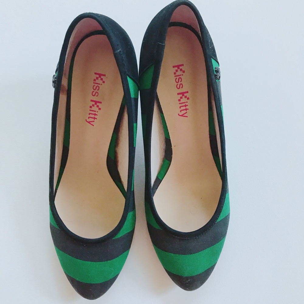 Kiss kitty-Green Black Strape Heels, US Size 6.5